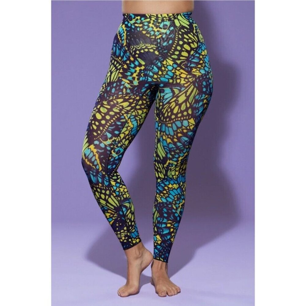NEW Yitty Mesh Me Smoothing High Waist Legging Green Yellow Blue Butterfly Print